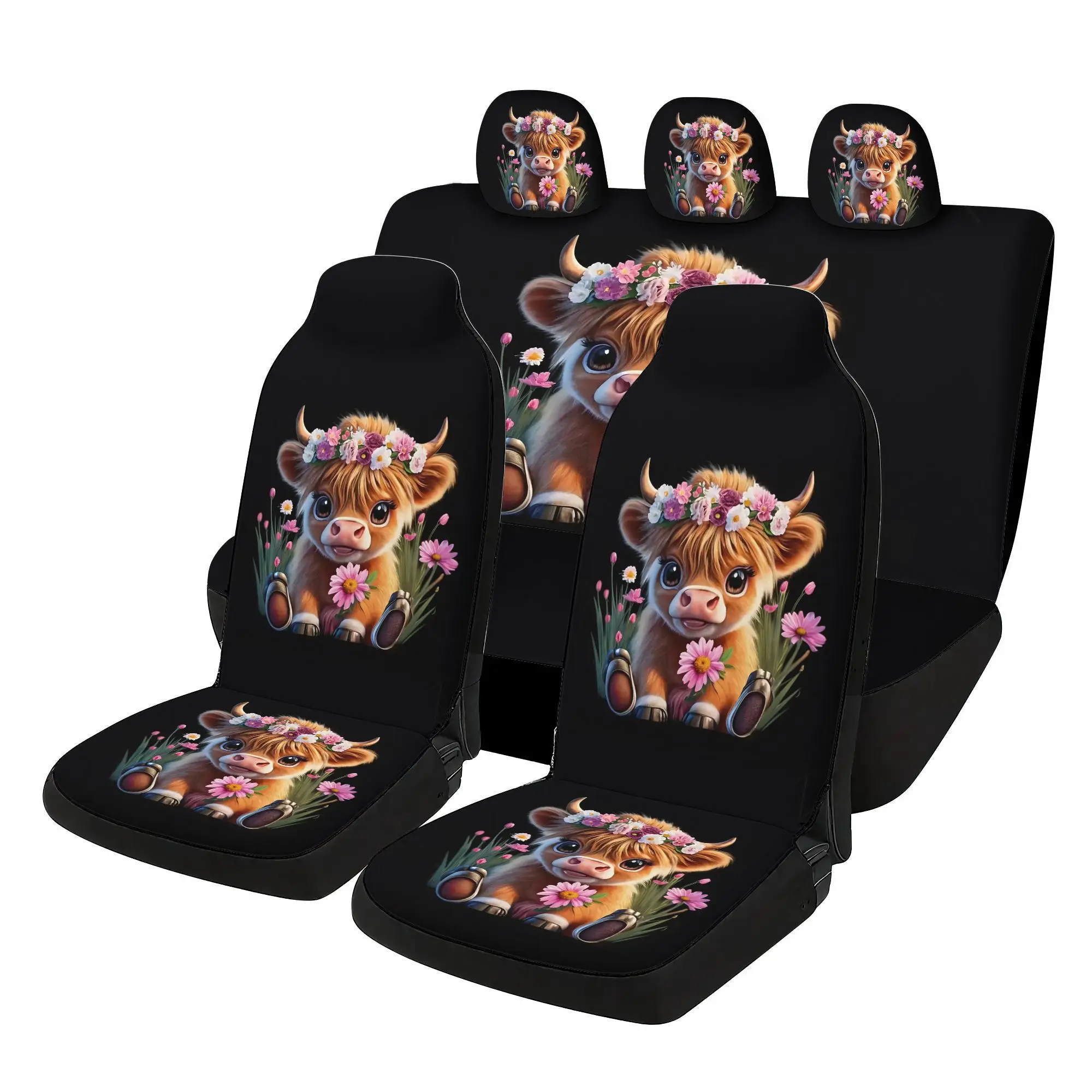 7pcs Cute Flower Wreath Highland Cow Print Car  Cover Set Includes: 2 Front  Covers,