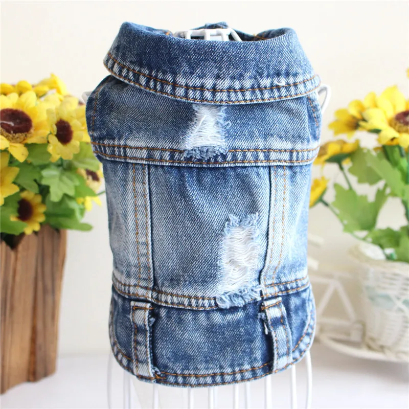 Blue Denim Dog Vest Pet Costume Outfits Vintage Washed Holes Design Jean Jacket For Small Medium Dogs Cool Puppy Dog Shirt