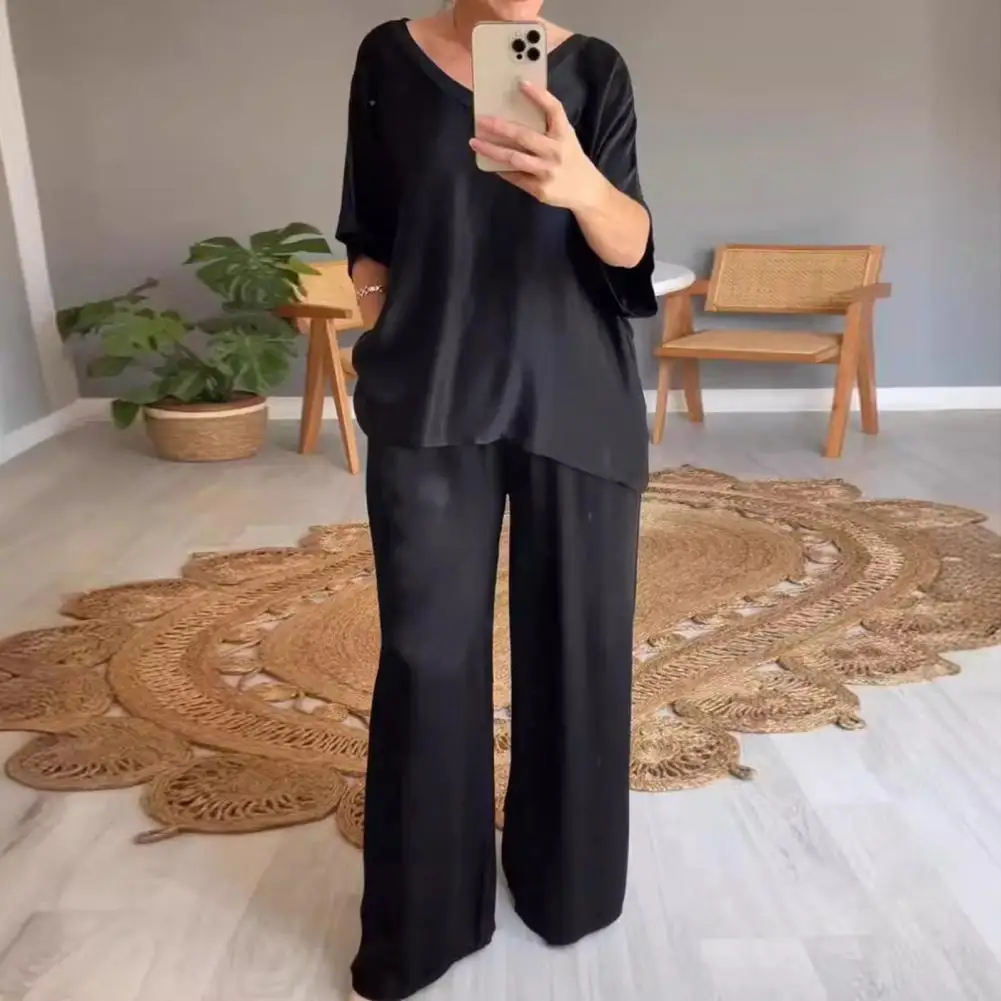 Plain V Neck Top Pullover and Wide-leg Pants Outfit Sets for Women Spring Loose Satin Suit Summer Short Sleeve T-shirt Two Piece