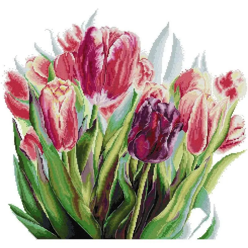 

Watercolour Tulips NKF Counted Needle Cross Stitch DIY Handmade Needlework 14 White 16 11CT Printed Fabric Embroidery Decoration