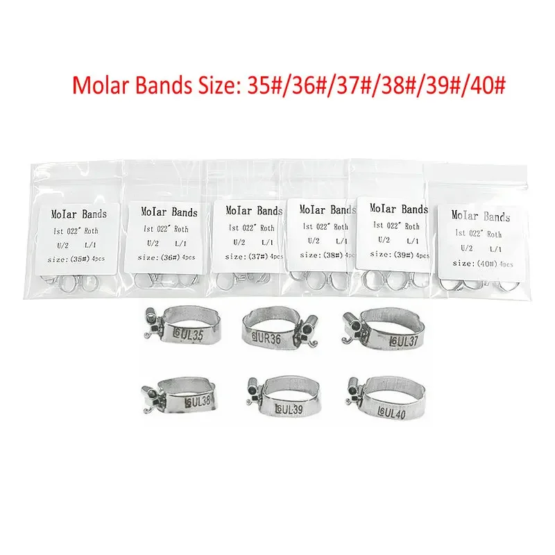 

1 упаковка стоматологических ортодонтических лент для первых моляров, предварительно сварных с буккальными трубками Roth 0,022 дюйма U2/L1 35-40 #