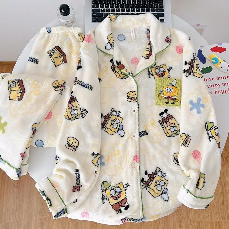 2026 Cartoon SpongeBob Pajamas Coral Velvet Sleepwear for Men and Women Warm Sweet Home Clothes Long Sleeve Set Girl's Gift Toys