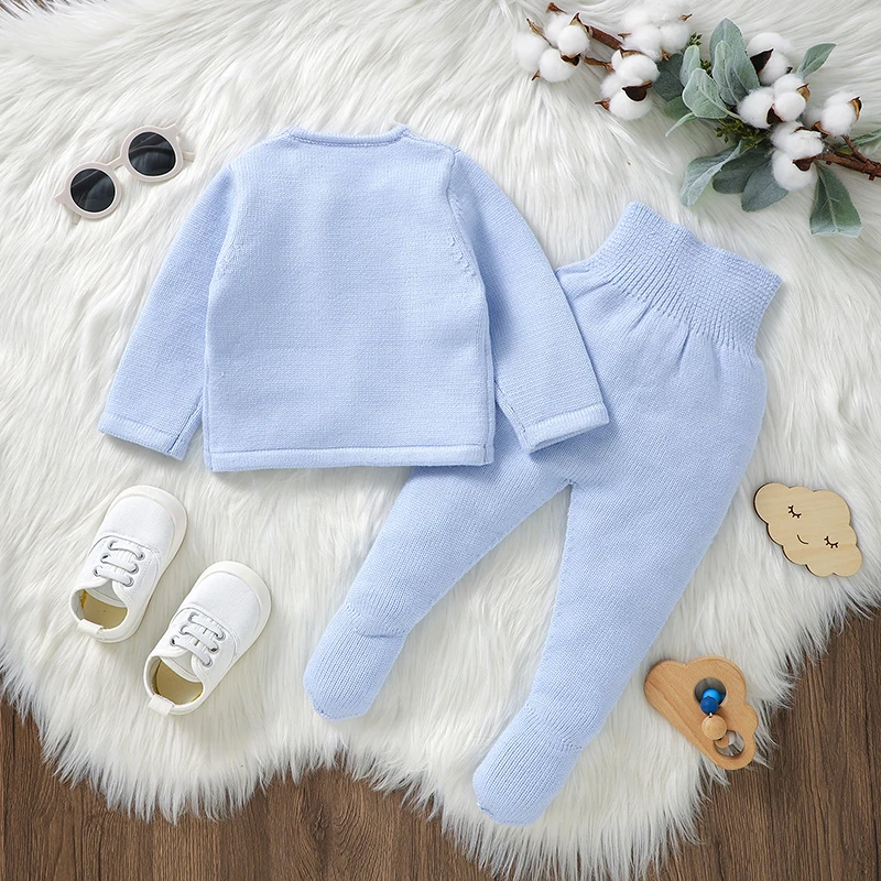 Baby Clothes Set Knit Newborn Girl Boy Long Sleeve Pullover Pants 2PC Fashion Solid Warm Infant Sweater Trousers Leggings Autumn