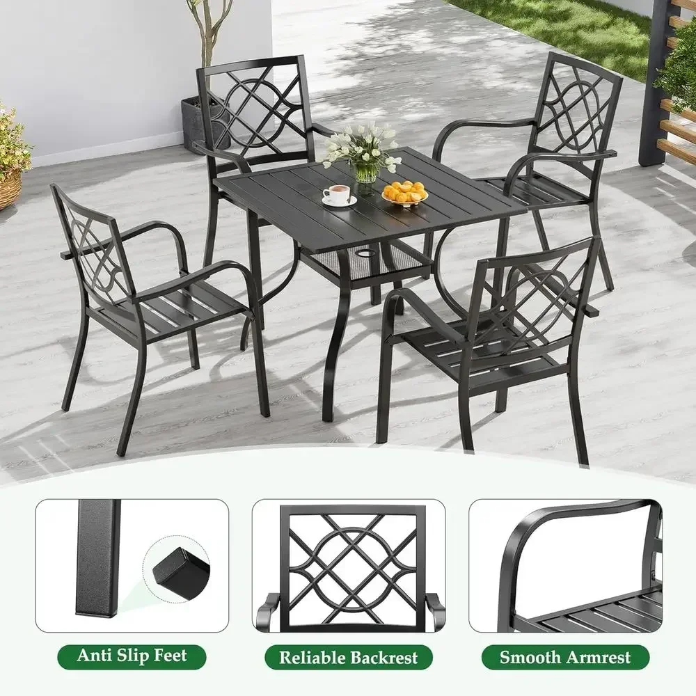 5-Piece Outdoor Dining Set: Metal Patio Table with 4 Stackable Chairs and Umbrella Hole, Black