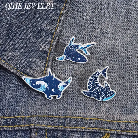 Cartoon Sparkling Underwater Marine Animals Enamel Pins Glitter Dolphins Manta Ray and Sharks Brooches Lapel Badge Jewelry Gifts