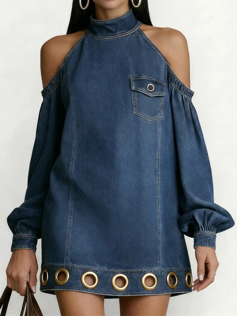 Bonboho Women's Y2K Blue Halter Cold Shoulder Lantern Sleeve Grommet Detail Denim Mini Dress 2026 Sexy Streetwear for Clubwear