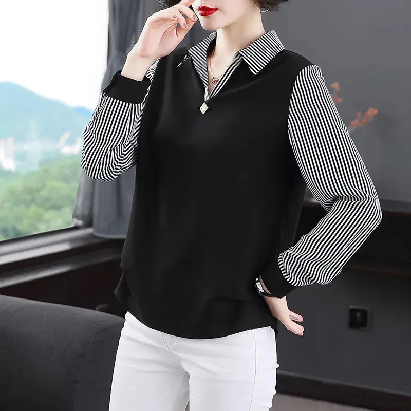 M-6XL Long-sleeved Mother Blouse Top Spring Summer T-shirt Women\'s Middle-aged Stitching Polo Collar Bottoming Shirt