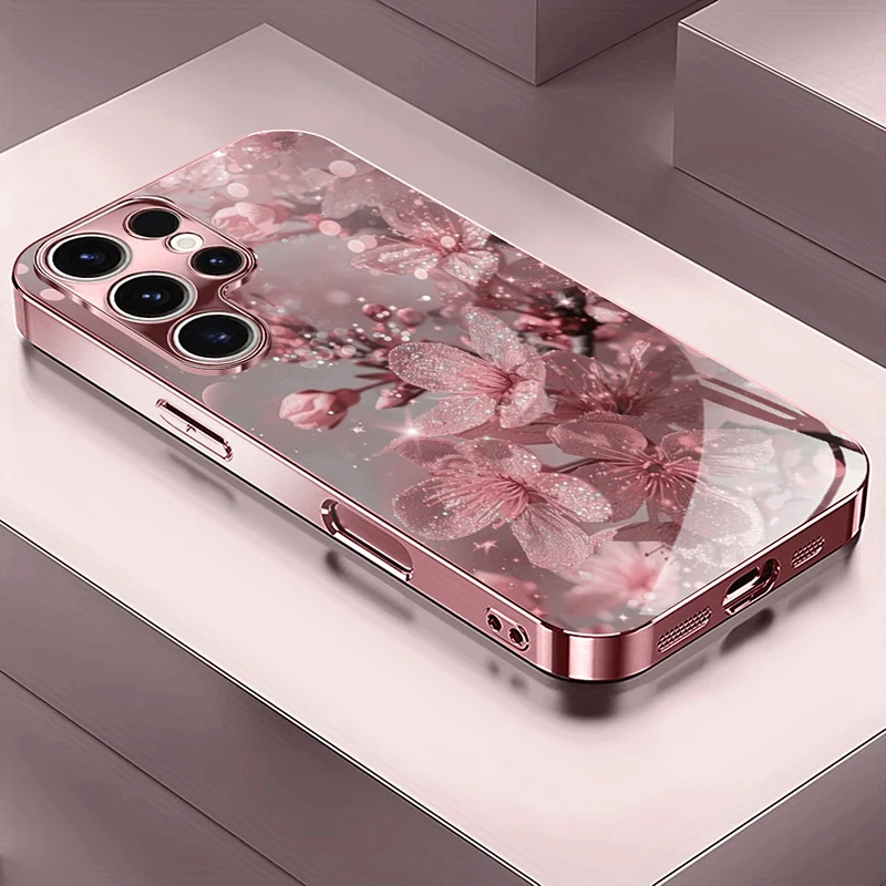 

Pink Cherry Blossom Pattern Metallic Tempered Glass Phone Case For iPhone 17 Pro Max 11 12 13 14 15 16 Pro Plus 17 Air 17E Cover