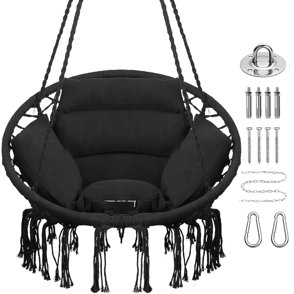 

Hammo Chair With Hanging Hardware Kit And Ba Cushions,Macrame Boho Swing Chairs For Indoor,Outdoor,Bedroom,Patio(Black)