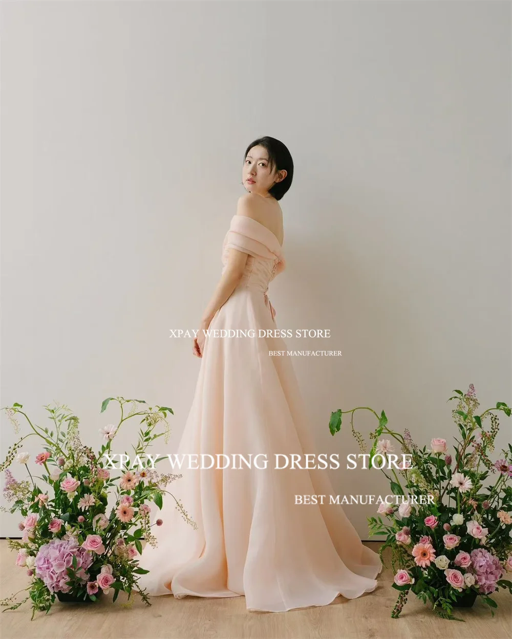 XPAY Baby Pink Strapless Korea Evening Dresses Organza Off Shoulder Formal Party Prom Gown Customized Wedding Photos Shoot Dress