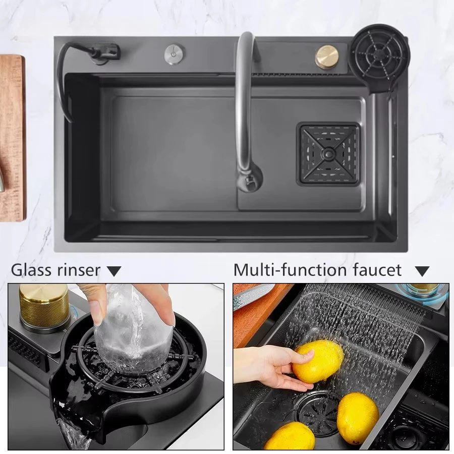 Factory Direct 2026 Kitchen Cabinet PVD Black Zink With Waterfall Kitchen Sink Stainless Steel 304 Dropped in Sink With Faucet