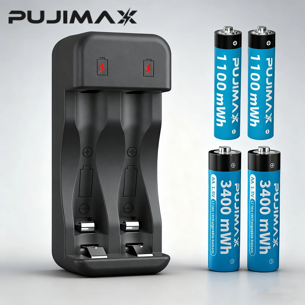 PUJIMAX 1.5V Li-ion Rechargeable Battery Charger 3400mWh/1100mWh AA/AAA Lithium Rechargeable Batteries for Remote Control Toy