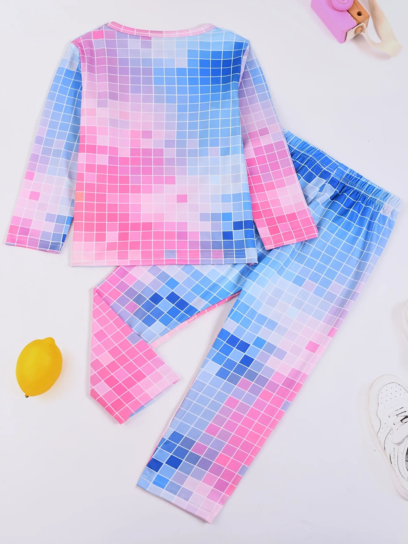 Girls' Home Clothes 2-Piece Set Spring Autumn Vibrant Plaid Thin Long Sleeve Long Pants Pyjamas Flame Retardant Checkered Pajama