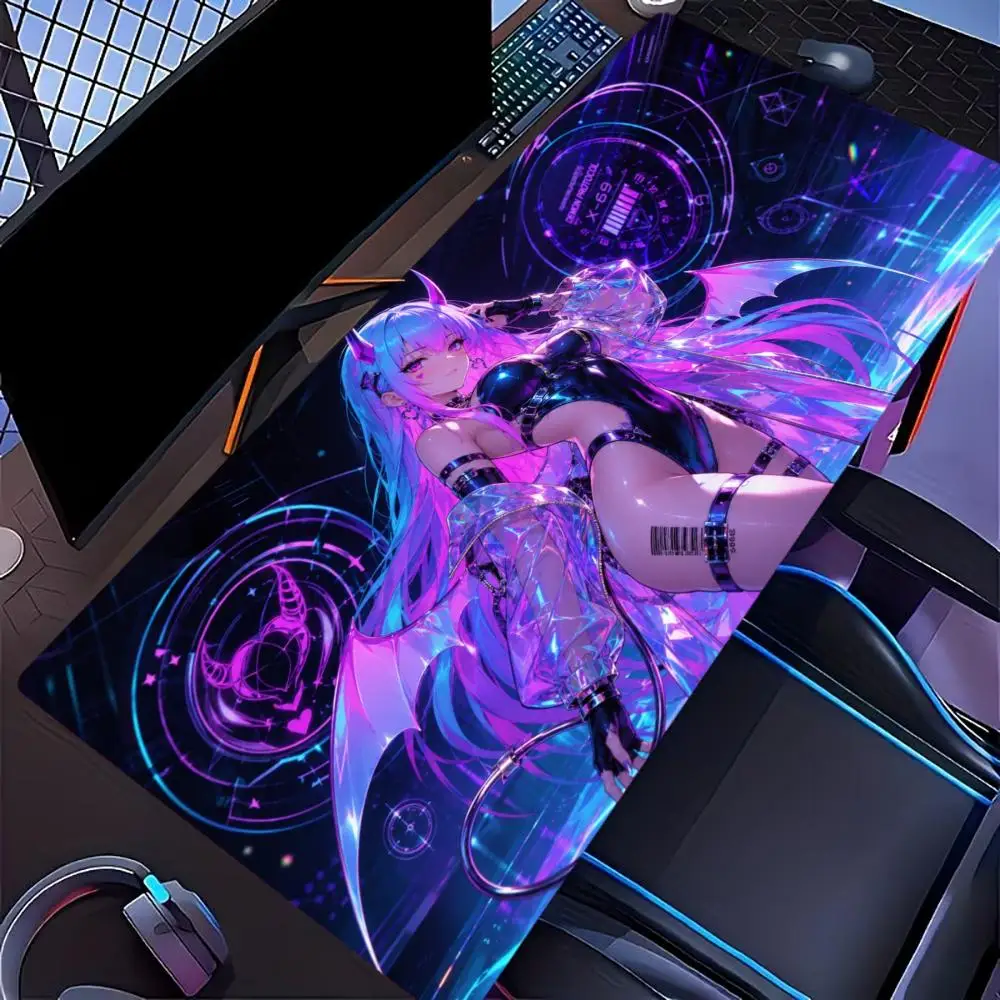 Anime Devil Girl Mouse Pad Non-Slip Mat Xxl Large Gamer Keyboard Deskmat Computer Mousepad Gothic Pink Neon Demon Lady Design