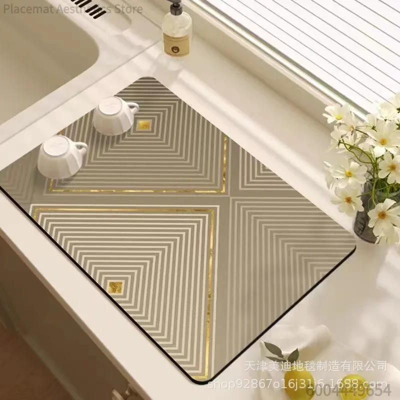 Minimalist Geometric Leaf Line Print Super Absorbent Drying Mat Waterproof Kitchen Counter Drain Pad Decor Placemat
