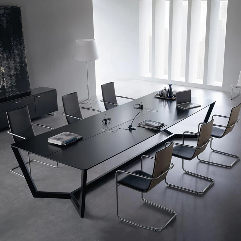 Simple black oak desk Modern light luxury solid wood Double computer Office home Commercial writing desk