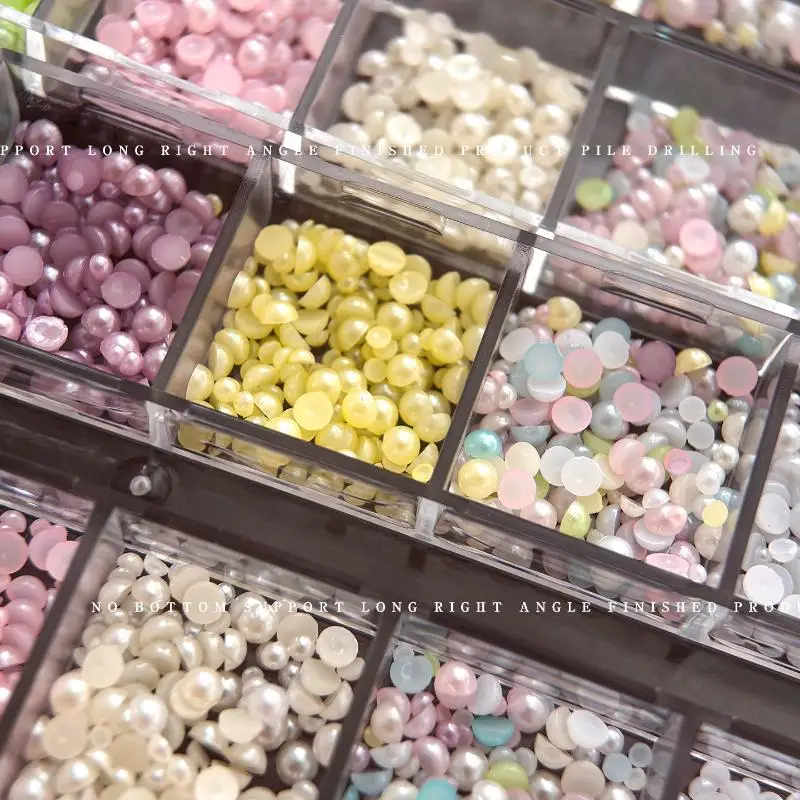 New 12 Grids Colorful Pearl Nail Charms 3D Semi Circle Beads Nail Art Rhinestones Decorations Nail Jewelry Parts Accessories