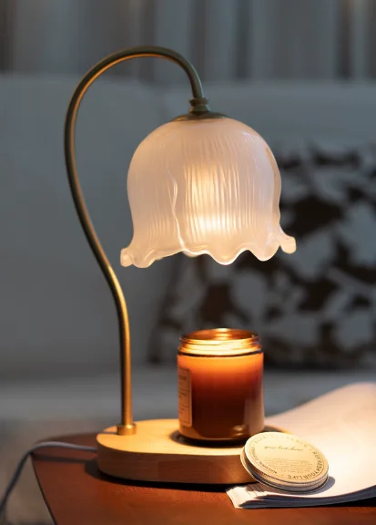 Lily of the Valley Candle Warmer Lamp Retro Glass Shade Wooden Base Bedroom Decor Ambient Table Lamp