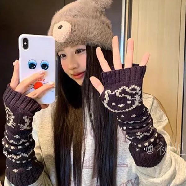 Japanese Harajuku Girl Hello Kitty Knitted Gloves Autumn Winter Outdoor Warm Cartoon Gloves Cycling Warm Sleeves Birthday Gift