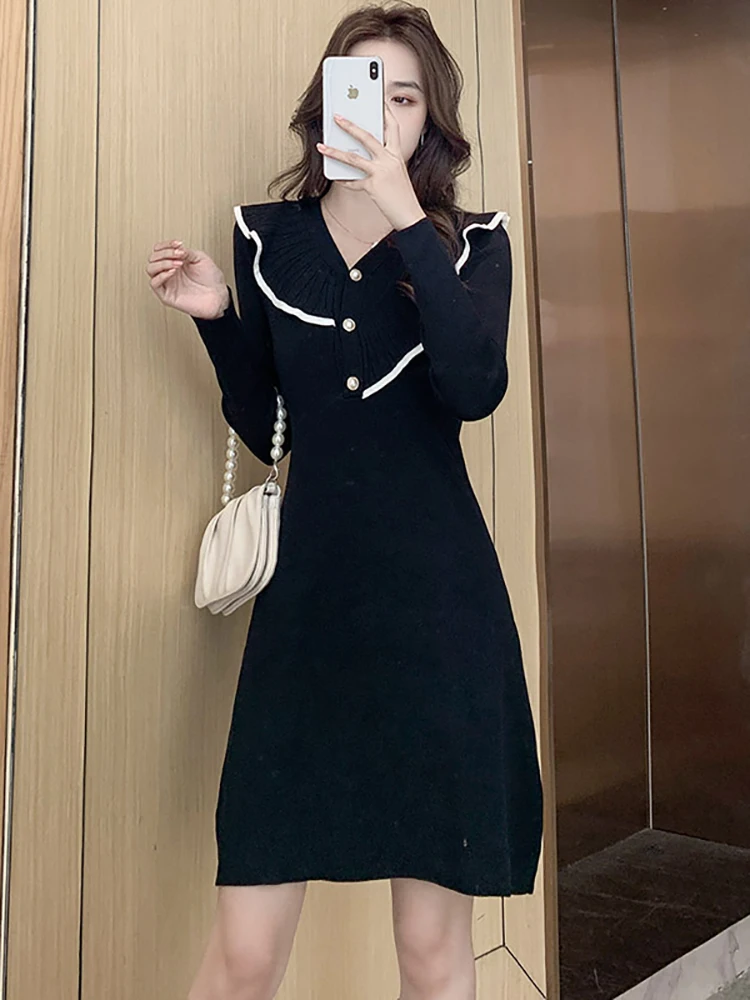 

Women Black Knitted Woolen Thick Warm Sweaters Autumn Winter Chic Ruffled V-Neck Sweaters 2024 Korean Fashion Elegant Pullovers