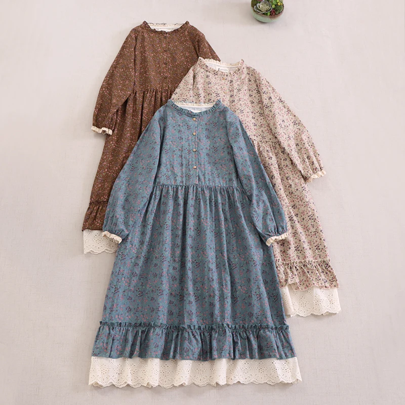 

Japanese Sweet Mori Girl Vintage Floral Print Cotton Linen Dress Women Spring Autumn Long Sleeve Casual Loose A-Line Dresses