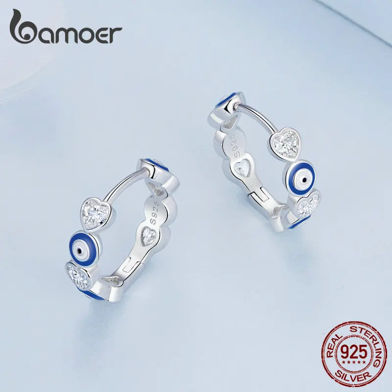 Bamoer 925 Sterling Silver Blue Evil Eye Ear Buckles Heart-shaped Zircon Hoop Earrings for Women Gift Fine Jewelry BSE806