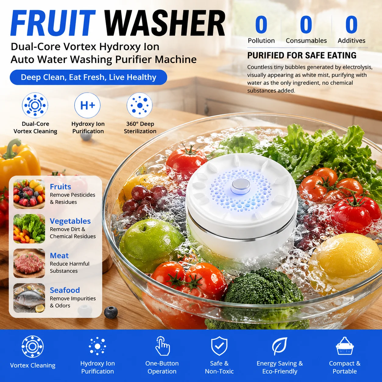 Fruit Washer Dual-Core Vortex Hydroxy Ion Auto Water Washing Purifier Machine for Fruits Vegetables Meat Seafood Kitchen Gadget