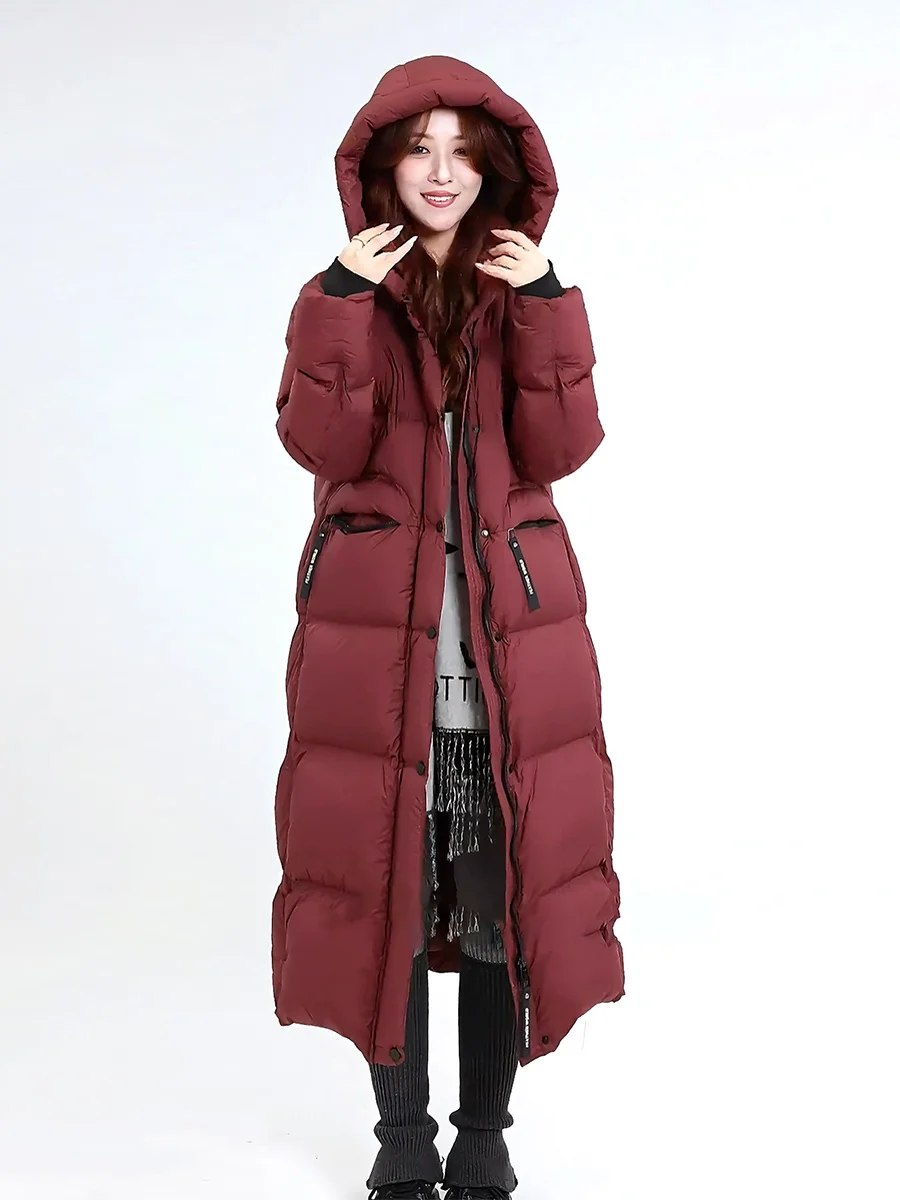 2025년 겨울 패셔너블한 레드 후드 방한 다운 재킷 여성용 코트 출퇴근용 슬림 화이트 다운 충전재