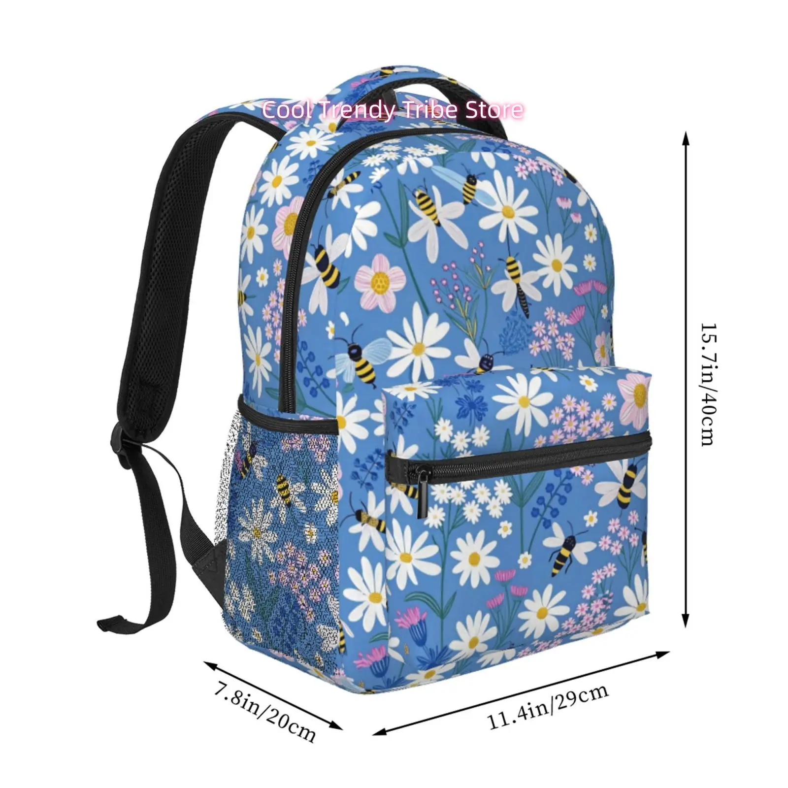 Light Blue Daisy Bee Print Travel Backpack, Large Capacity with Adjustable Shoulder Straps And Multiple Compartments, Unisex Lap