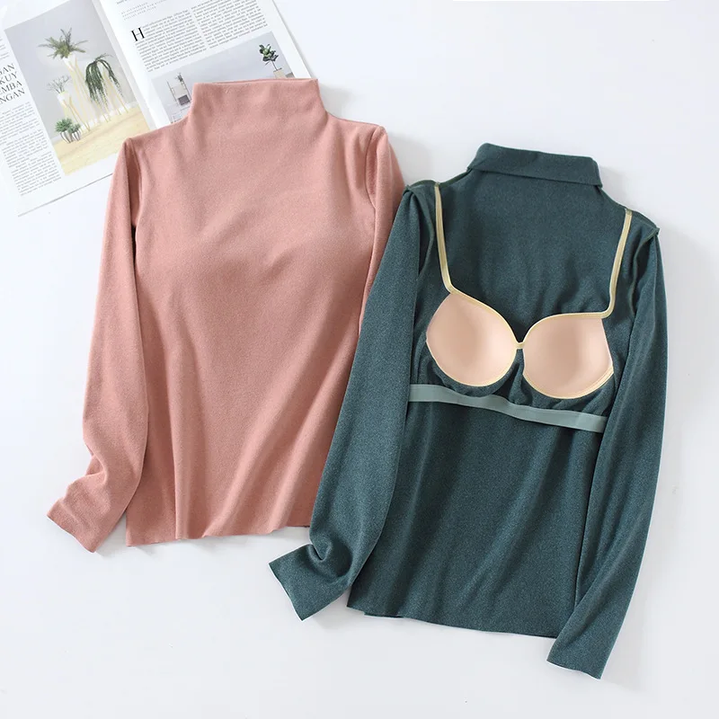 Autumn Winter One Piece Pajamas Tops Half High Collar Warm Long Sleeve Bra Chest Padded Slim Bottom Shirt Velvet Women Sleepwear