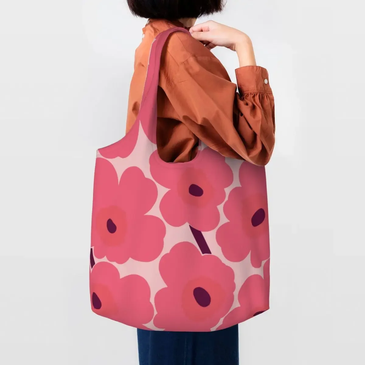 Custom Recycling Little Poppy Print Shopping Bag Women Shoulder Canvas Tote Bag Washable Modern Style Groceries Shopper Bags