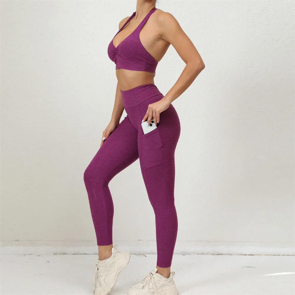 Sujetador deportivo de LICRA con cuello Halter, conjunto de Yoga a prueba de sentadillas, mallas de entrenamiento, pantalones de gimnasio, trajes