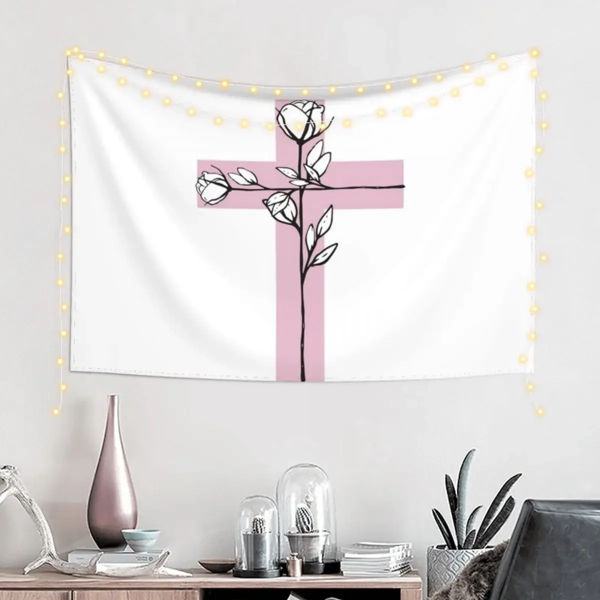 Pink Christian Cross Floral Tapestry Decor Home Aesthetic Home Decor Tapestry