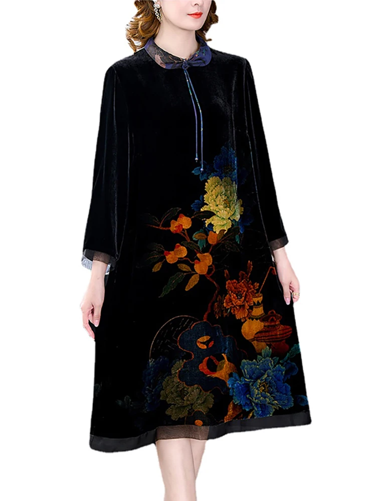 2024 Black Floral Velvet Polo Collar Midi Dress Autumn Winter Thick Warm Loose Prom Dress Women Korean Vintage Hepburn Vestidos