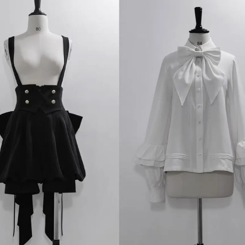 Prince Lolita Dress Vintage Elegance Gothic Y2k Suit Women White Bow Shirts Trailing Black Strap Mini Pants Set Party Outfit view 3