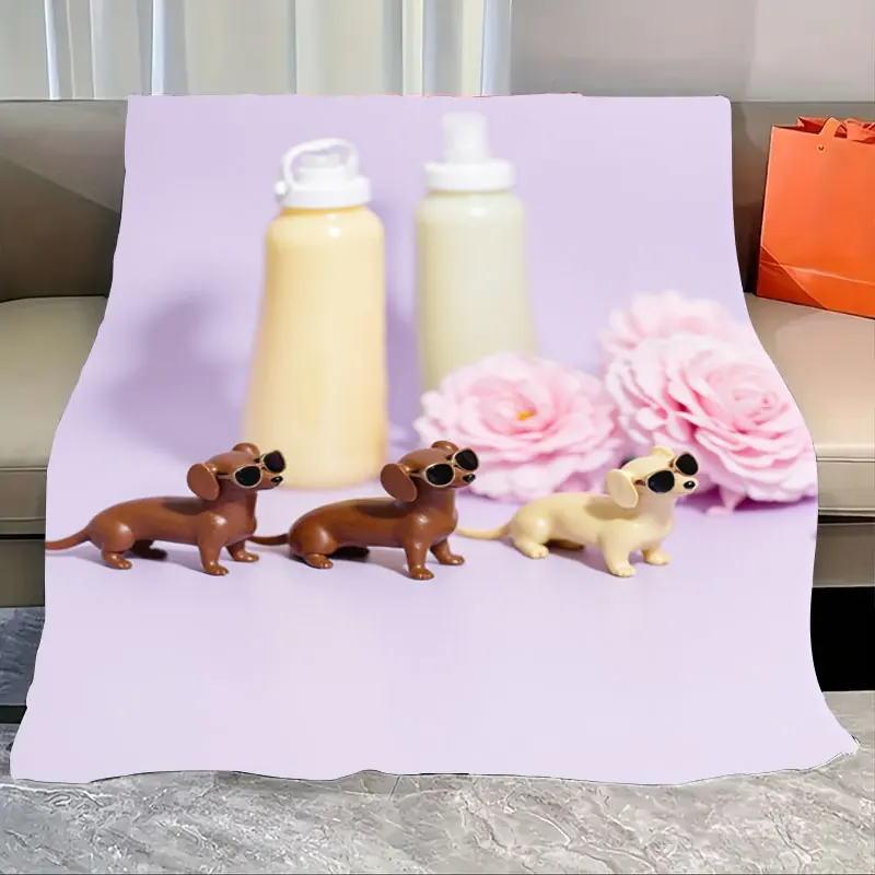 

1pc Flannel Blanket Chic Dachshund Sunglasses Pink Rose Print Blanket for Cozy Living Room Decor