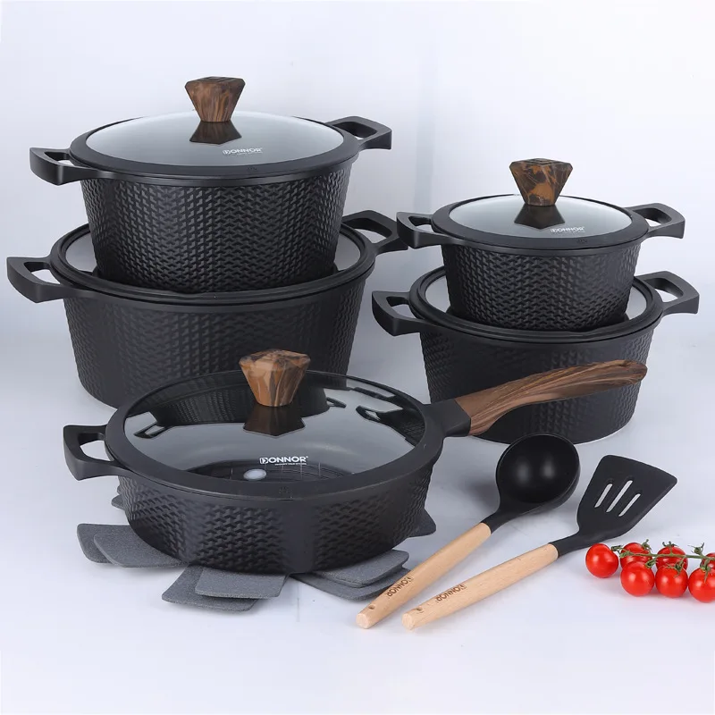 Elite 15 Item Forged Aluminum Cooking Set 20-32CM Soup Pot 28CM Deep Frying Pan Diamond Grip Visually Stunning Kitchenware