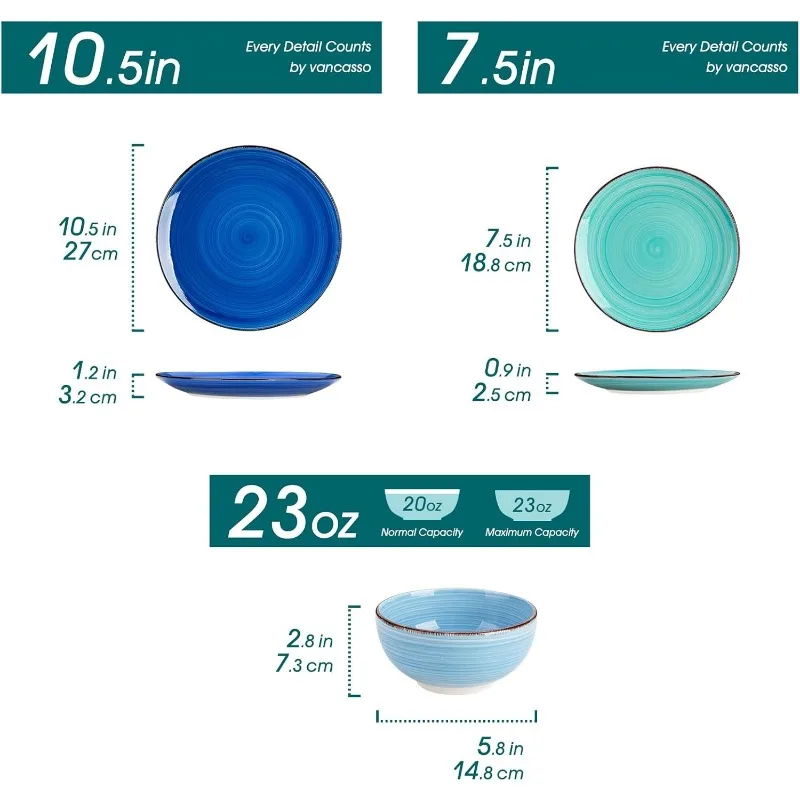 Bonita Dinnerware Set Blue Stoneware 12 Pieces Service for 4, Handpainted Spirals Pattern Stoneware Plates and Bowls Set