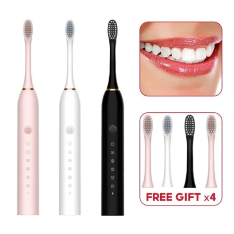 Kit Escova De Dente Elétrica Sônica IPX7 Impermeável Com 4 C