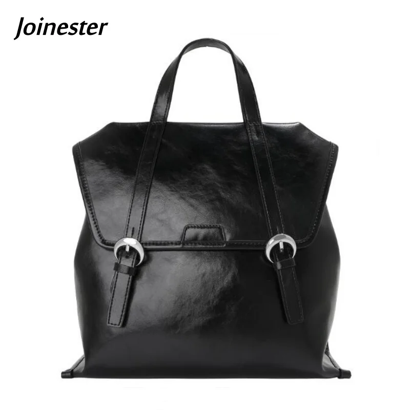 Waxed Cow Split Leather Classic Black Flap Backpack Functional Water Proof Commuting Bag Soft Handle College Style Schoolbag