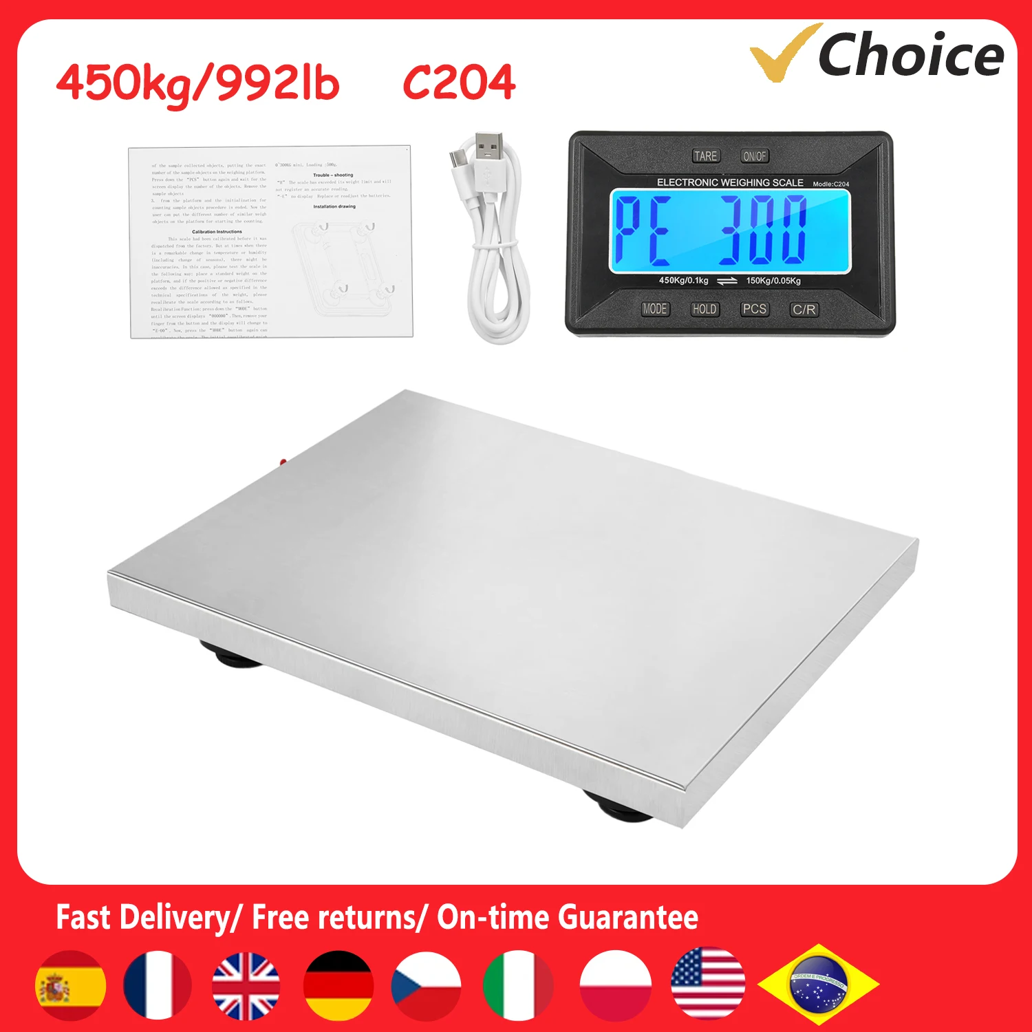 Heavy Duty Postal Scale 450kg Shipping Scale Stainless Steel Wireless Displays/Tare/3 Units Electronic Platform Digital Scale