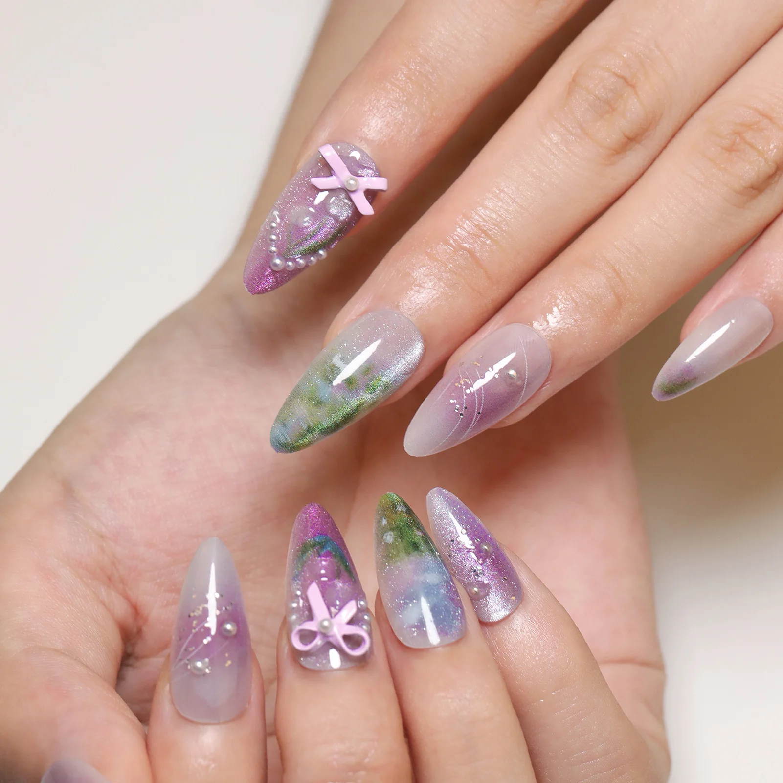 Purple Press on Nails with Floral Printed Chip-Proof Smudge-Proof Fake Nails for Fingernail DIY Decoration