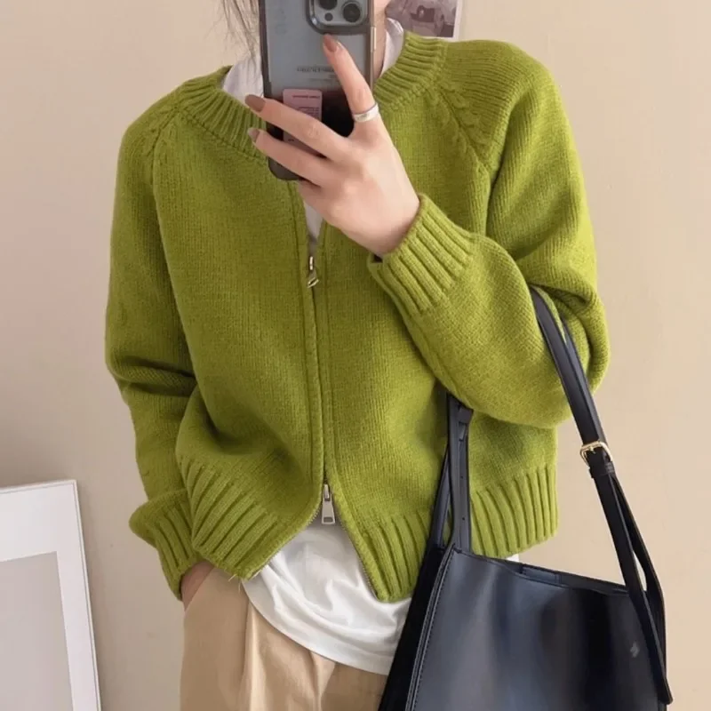 Zipper Cardigan Women Sweater O-neck Cropped Knitwear Cozy Autumn 7 Colors American Temper Кардиган Женский Minimalist Casual