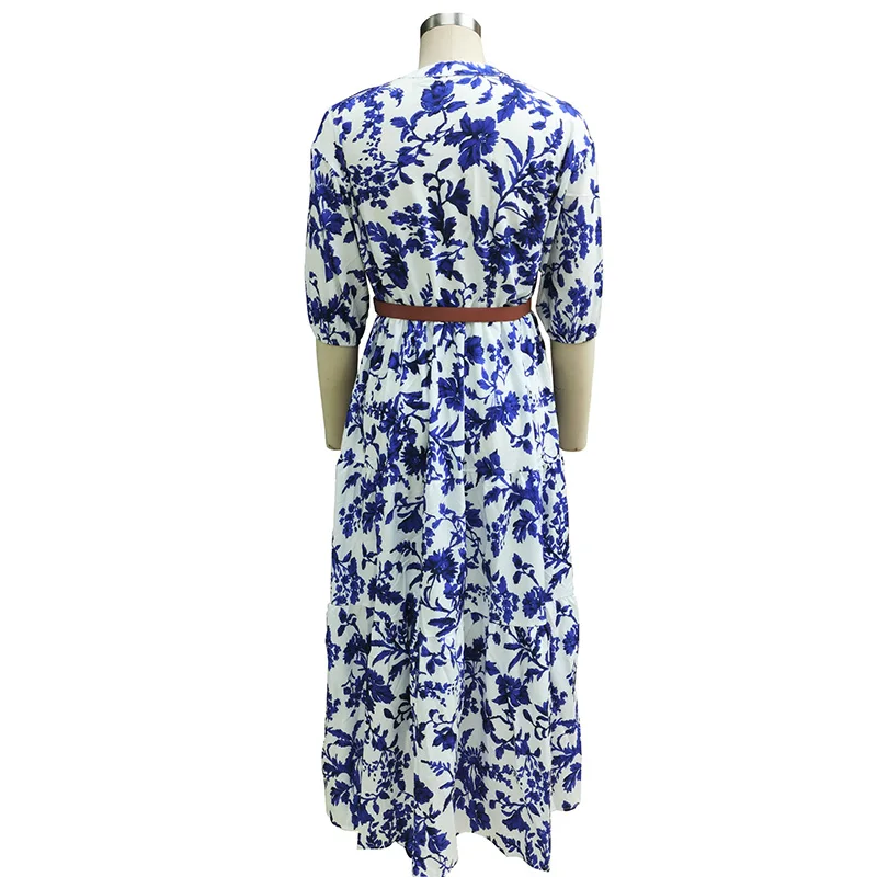 빈티지 배색 프린트 루즈 맥시 드레스 우아한 V넥 반팔 플리츠 드레스 우아한 여름 신상 여성 이브닝 드레스