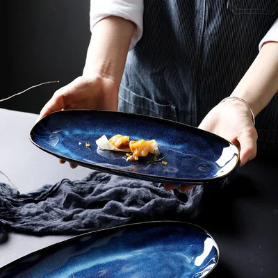 Japanese style kiln cat eye blue fish plate household steamed fish plate large glaze color creative sushi plate