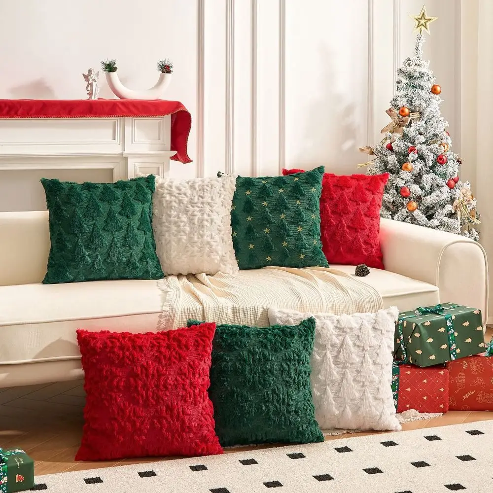 Fashion Christmas Tree Christmas Plush Pillowcase Soft Solid Color Pillow Case Green/Red/White 3D Pattern Cushion Cover Sofa/Bed