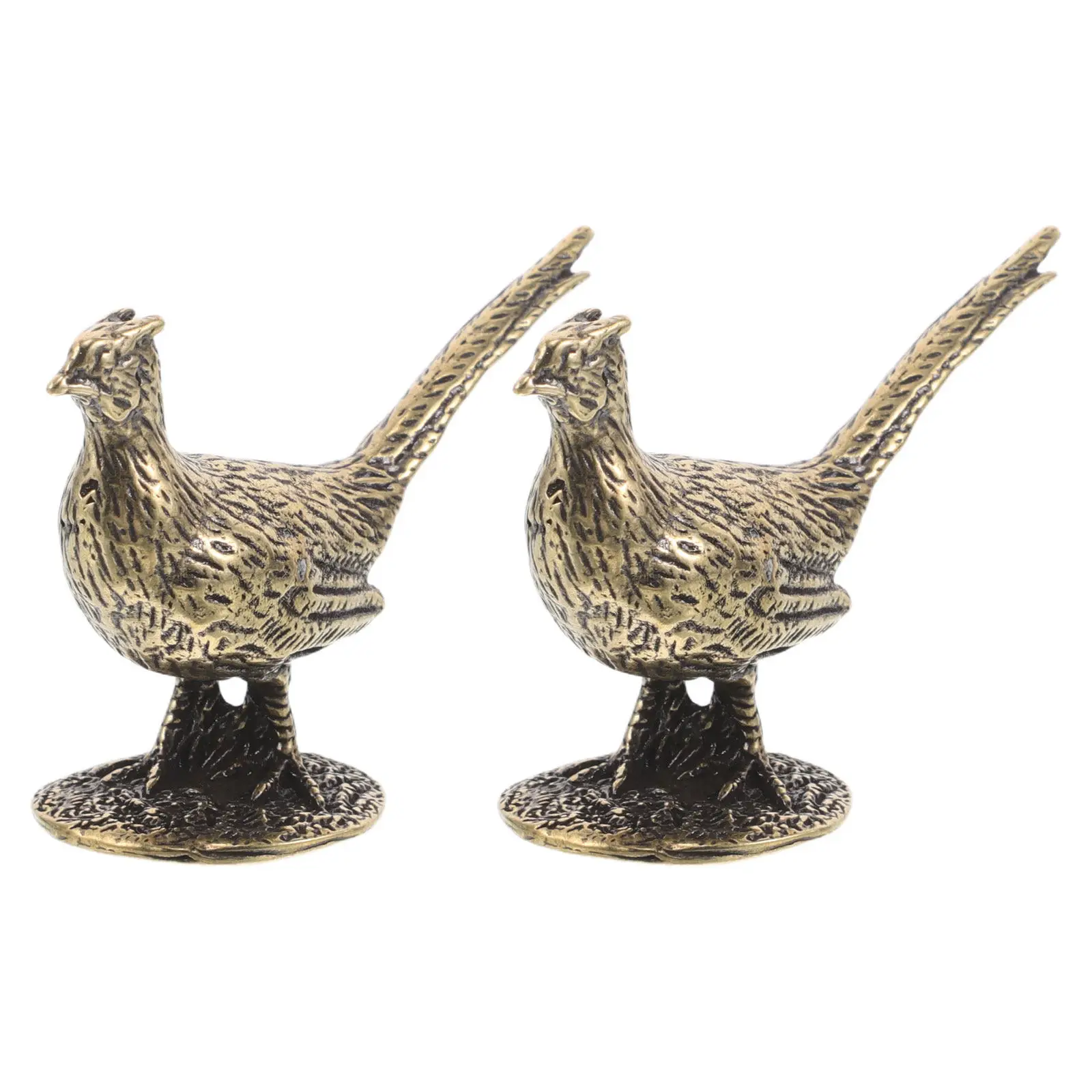 2pcs Brass Pheasant Figurine With Base Long Tail Bird Cabinet Display Antique Finish Pheasant Statue Bird Miniature Ornaments