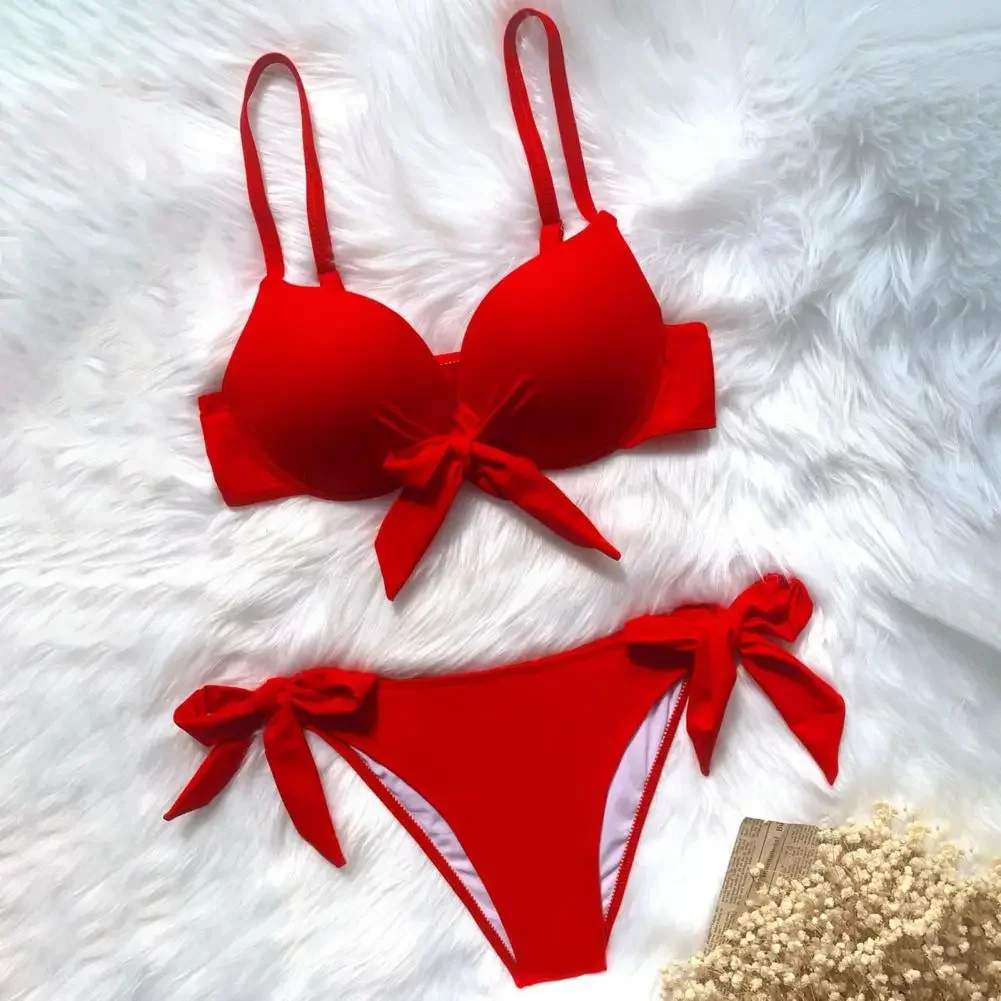 

sexy front bow knot push up bikinis two pieces solid swimsuit tie bikini swimsuit Swimwear Biquini conjunto de bikini tankini