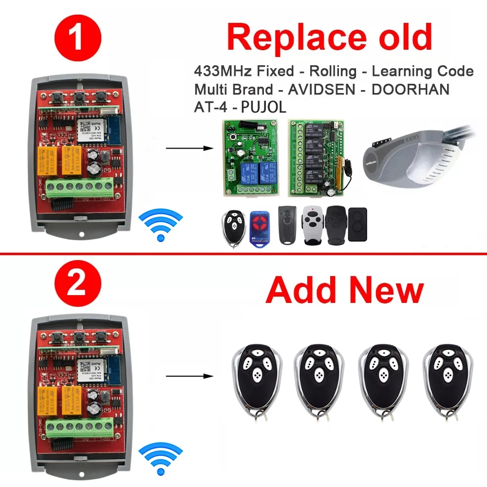 Tuya Wifi inteligente Universal receptor de puerta de garaje interruptor de puerta 2CH Control remoto abridor de puerta y transmisor de código