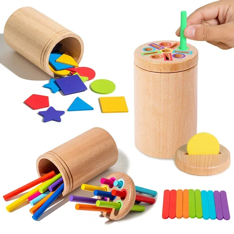 Baby Sensory Play Montessori Toys Color Shape Sorting Box Object Permanence Coin Stick Parish Kids Early Educational Wooden Toys